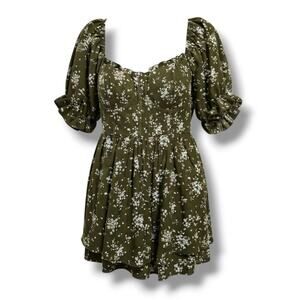 Inspired Hearts Women’s Olive Green Floral Puff Sleeve Corset Mini Dress Size M